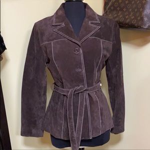 •70’s vtg suede contrast stitch brown belted blazer •